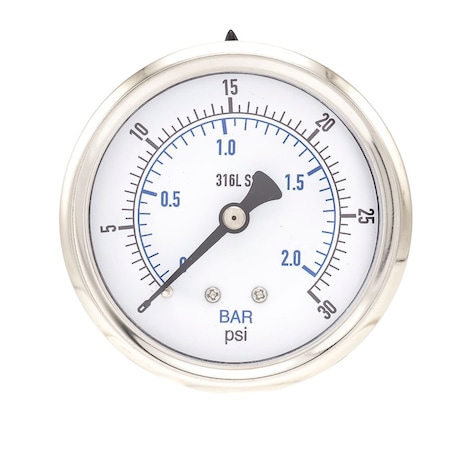 Pro 2 1/2 in Dial, 0/30 PSI & Bar, 1/4 in NPT, Back Mount Dry/Fillable Pressure Gauge PRO-302D-254C-01